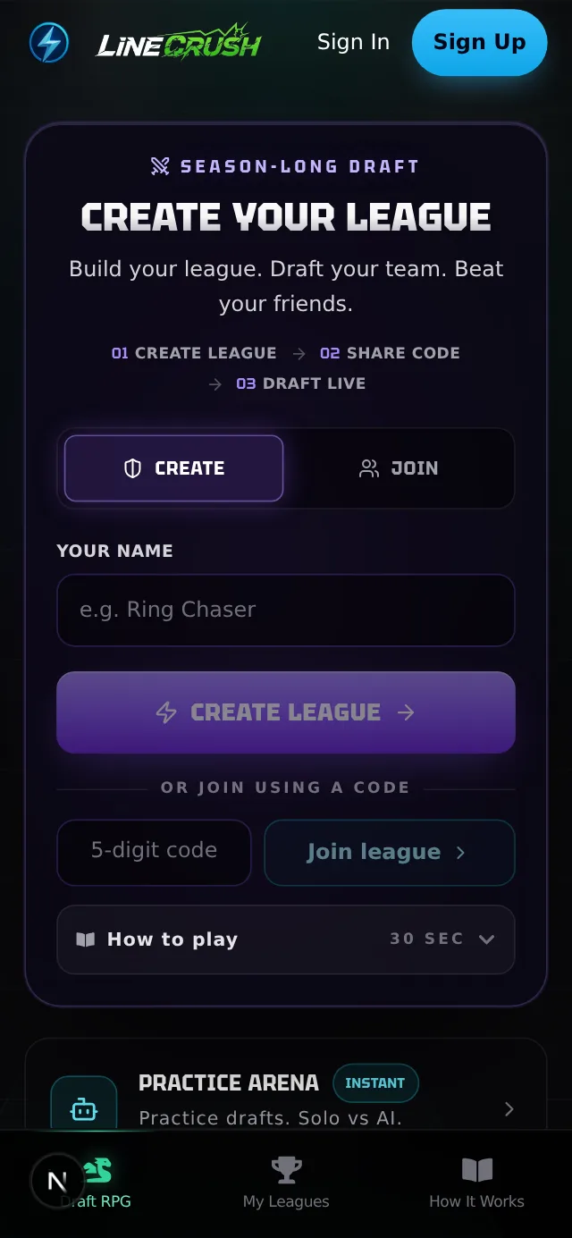 Draft RPG league surface with the create-your-league hero card