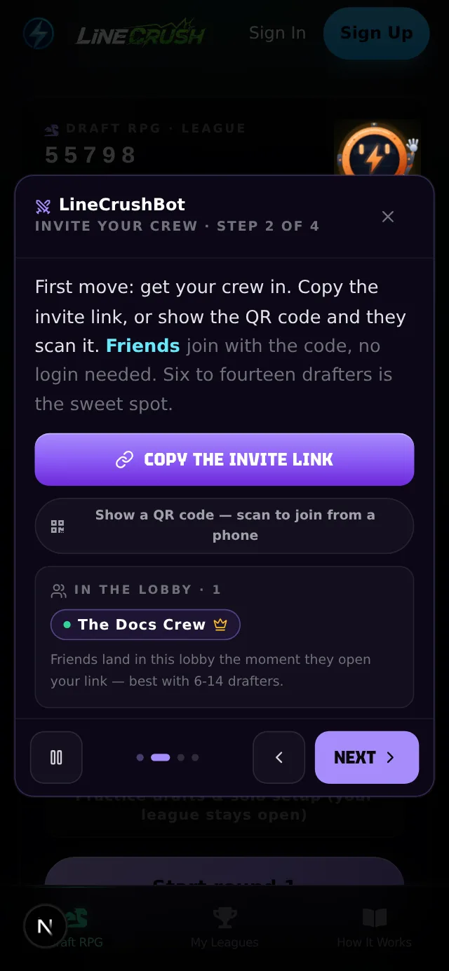 LineCrushBot's league setup show with the invite code and QR