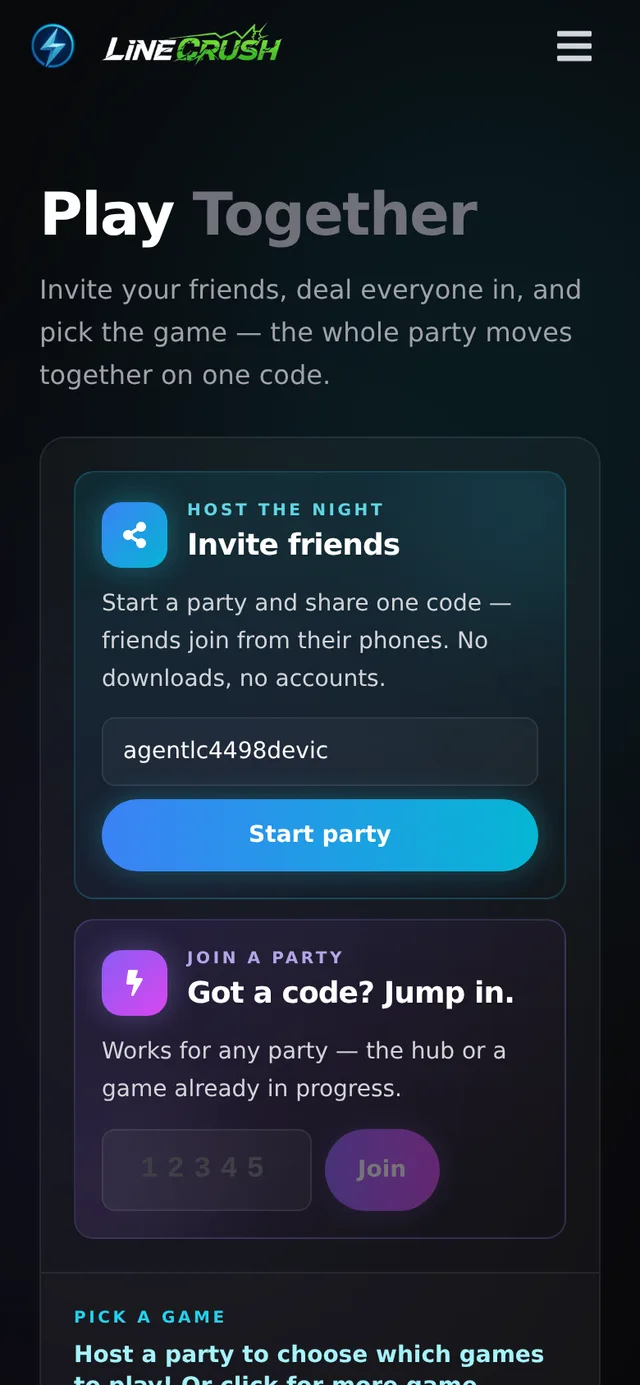 Arcade Play Together hub with party hosting and join-by-code