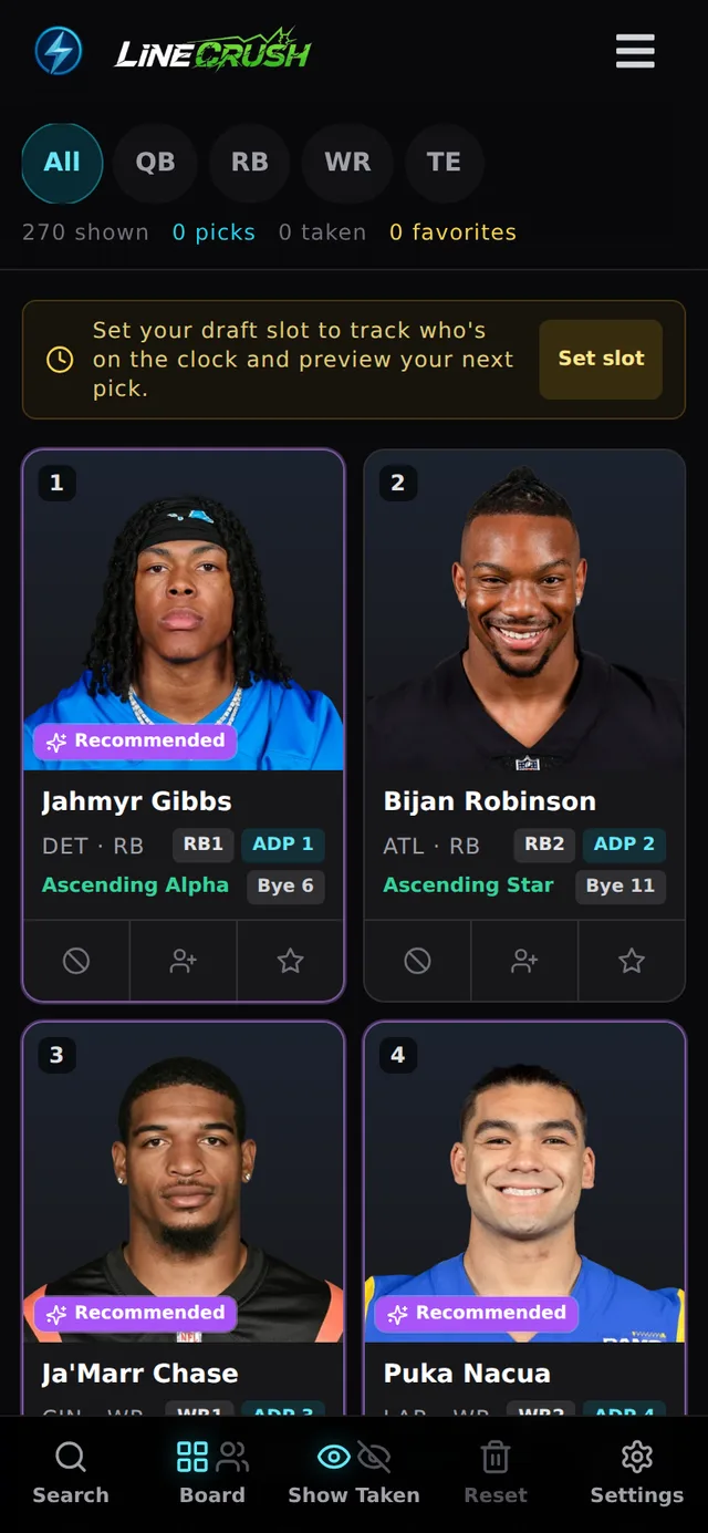 Draft board with ranked NFL players, ADP tags, and recommendations