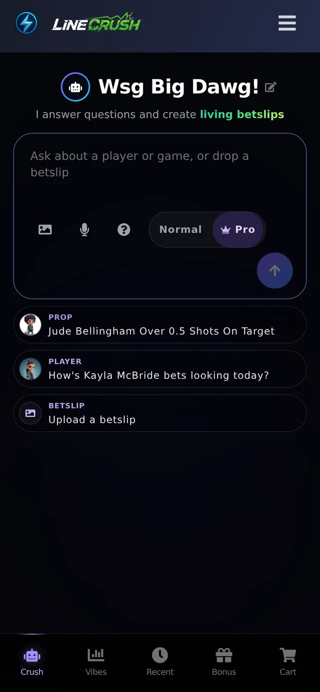 LineCrushBot chat with prompt suggestions for props, players, and betslip uploads