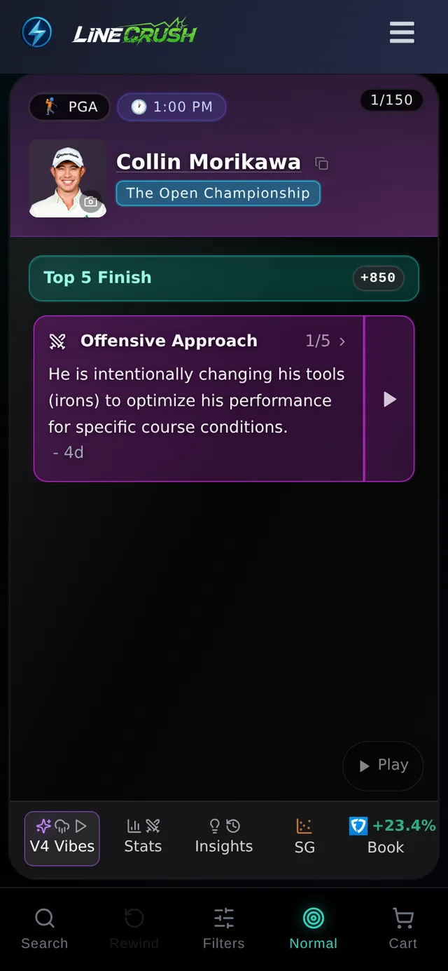 Vibes deck showing a PGA player card with a quote, odds, and stat tabs