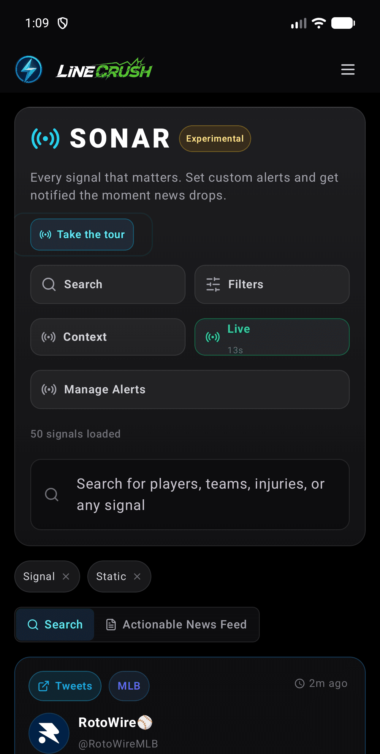 The LineCrush app showing a search across player, team, and injury signals