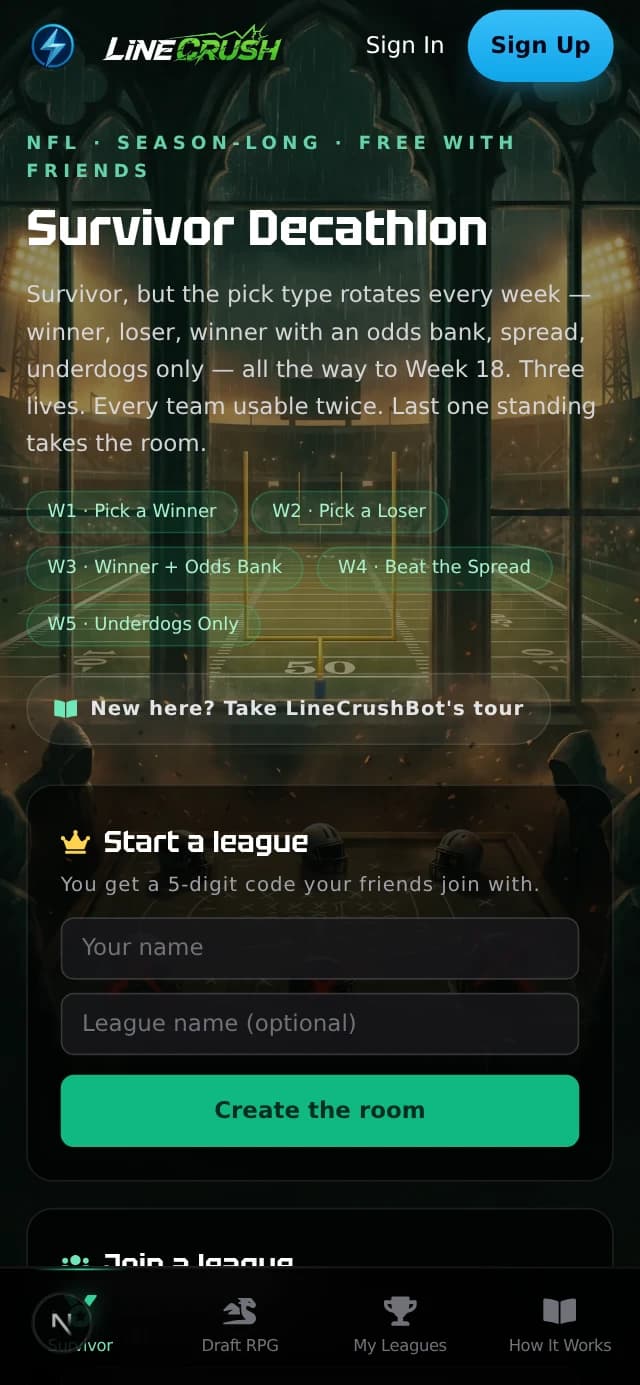 Survivor Decathlon landing page with the weekly mode rotation