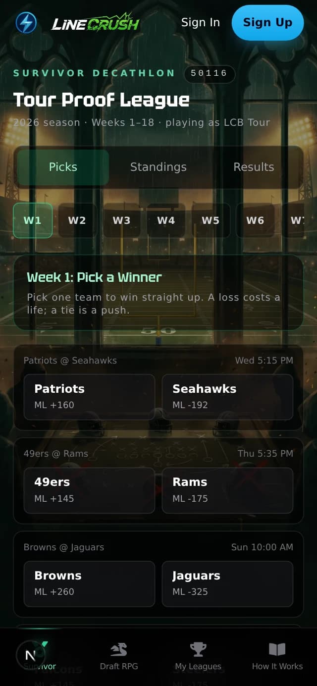 Survivor league page with the weekly pick board and standings